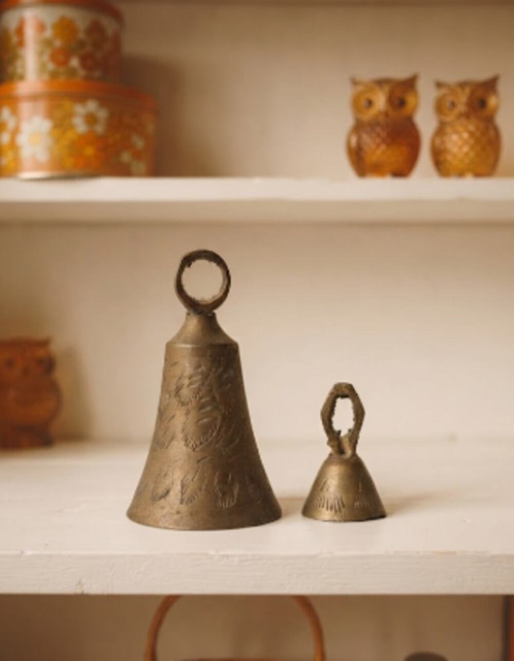 Vintage Brass Bells Set of 2 Engraved Leaf Sunburst Design Boho Chime Decor